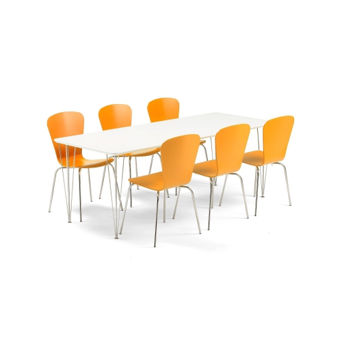 Zestaw Mebli Do Stołówki Zadie + Milla stół + 6 Krzeseł, Pomarańczowy