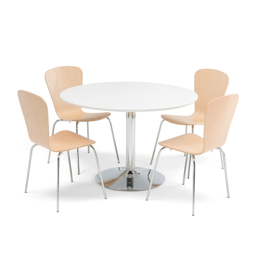 Zestaw mebli do stołówki Stół Ø1100 mm, biały, chrom + 4 krzesła buk AJ Produkty
