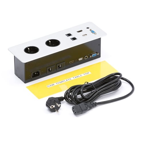 Panel multimedialny, 2 x gniazdo elektryczne, 2 x net Cat6, 1 x HDMI, 1 x VGA, 1 x Audio, 1 x USB, biały AJ Produkty BM